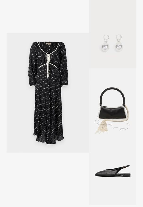Sort kjole med hvide prikker, lange puffærmer, V-hals med snøre og en flagrende silhuet. Blødt, let stof.; Sort slingback flad sko med spids tå, mesh overdel, justerbar spænde rem og lav stablet hæl på hvid baggrund.; Sort lædertaske med et afrundet håndtag, sølv lynlås, hvid pelskant og en lang cremet kvast hæftet på forsiden.; Sølv dråbeøreringe med glatte, runde, reflekterende overflader hængende fra svingelukkede låse. Baggrunden er helt hvid.