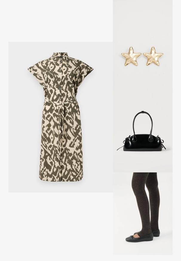 Vestido camisero de longitud hasta la rodilla en estampado animal en tonos beis y verde oliva, con mangas cortas, frente abotonado y un cinturón autoajustable en la cintura.; Piernas con leggings oscuros acanalados combinados con bailarinas negras que presentan pequeños detalles de lazo sobre un fondo blanco.; Pequeño bolso negro brillante con dos asas largas y detalles de cordón lateral sobre un fondo claro liso.; Pendientes en forma de estrella dorada con un acabado suave y brillante y un diseño tridimensional, que presentan cinco puntas y una textura ligeramente curvada.