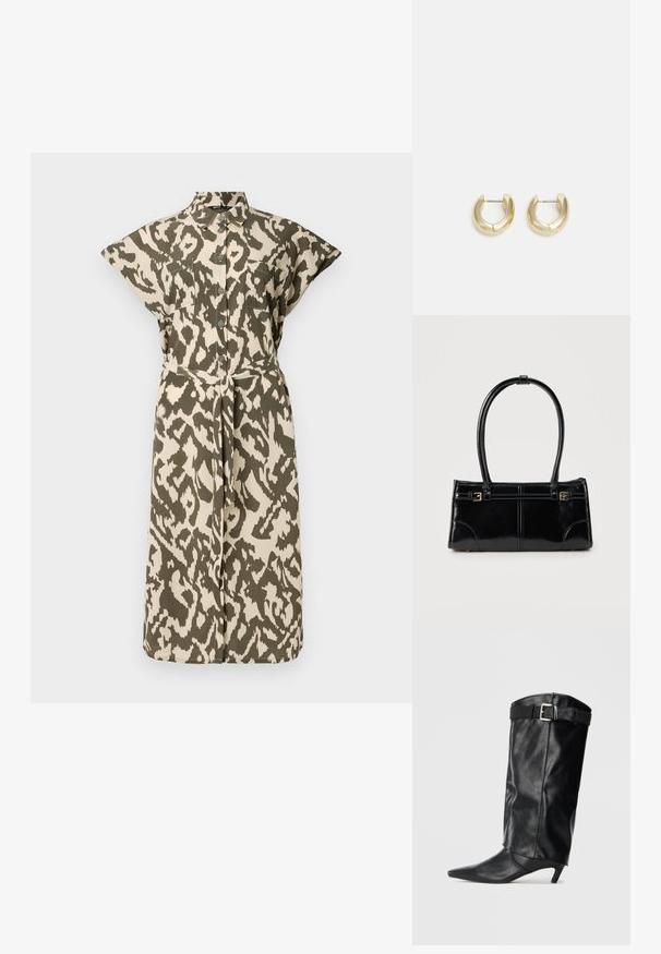 Knee-length shirt dress in beige and olive green animal print, with short sleeves, buttoned front, and a self-tie belt at the waist.; Mustat, nahkaiset polven yli -saapikkaat, joissa on terävä kärki ja pieni korko. Ylhäällä vyö hopeisella soljella. Tasainen pinta.; Kiiltävä musta suorakulmainen käsilaukku, jossa on kaksi ohutta olkahihnaa ja pienet kultaiset solkisomisteet edessä.; Kulta sävyiset renkaat, joissa on sileä ja kiillotettu pinta. Ominaisuuksia ovat puolikuun muoto ja turvallinen painike suljenta.