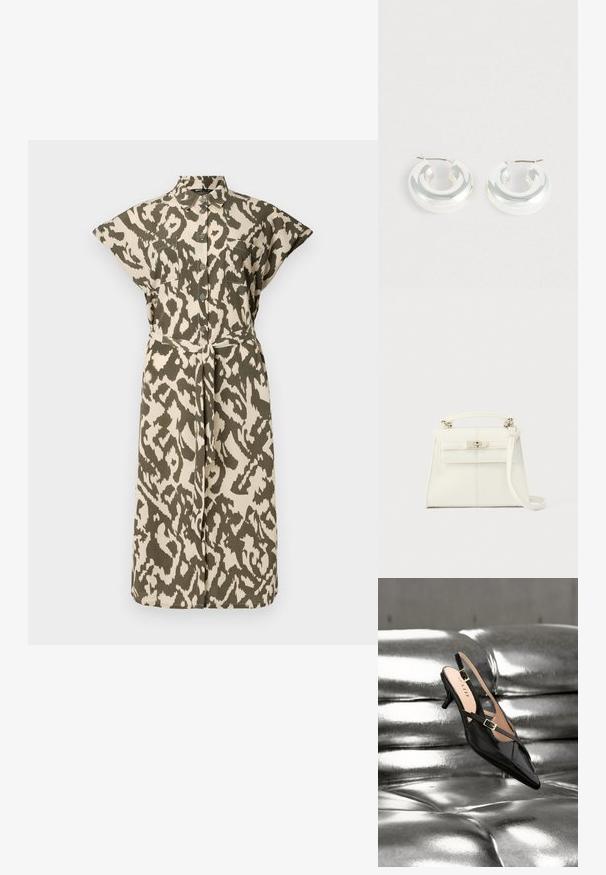 Knee-length shirt dress in beige and olive green animal print, with short sleeves, buttoned front, and a self-tie belt at the waist.; Musta patenttinahkainen slingback-kissanpenninkorkokengän kultaisten solkien kanssa, lepää kiiltävän hopeanvärisen, tikkauksilla koristellun nahkaverhoilun päällä.; Valkoinen nahkalaukku, jossa on jämäkkä muoto, yläsanka, irrotettava olkahihna ja hopeanvärinen lukko. Sileä pinta, minimalistinen muotoilu.; Hopeakorvakorut, joissa on sileä, pyöreä muotoilu. Valmistettu heijastavasta materiaalista, ja niissä on hienovarainen kaareva muoto sekä metallinen sarana.