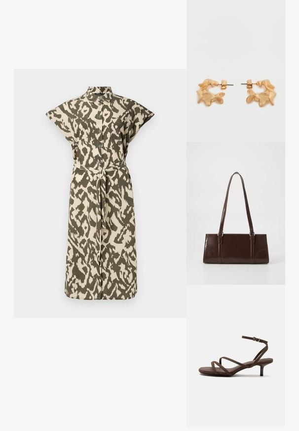 Knee-lange shirtjurk in beige en olijfgroen dierenprint, met korte mouwen, knopen aan de voorkant en een zelfstrikriem in de taille.; Bruine sandaal met hoge hak, dunne gekruiste bandjes en een enkelbandje met een zilveren gesp op een witte achtergrond.; Bruine lakleren handtas met een rechthoekige vorm, twee lange handvatten en subtiele gebogen accenten aan de voorkant.; Oorbellen in goudkleur met een abstracte, organische vorm, voorzien van een gestructureerd oppervlak en een sluiting met oorstekers.