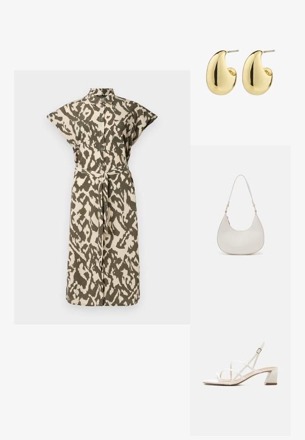 Vestido camisero de longitud hasta la rodilla en estampado animal en tonos beis y verde oliva, con mangas cortas, frente abotonado y un cinturón autoajustable en la cintura.; Sandalia blanca de punta abierta con tres tiras finas, hebilla ajustable en el tobillo y tacón en bloque sobre un fondo gris claro liso.; Bolso de hombro de cuero crema con forma de media luna, correa delgada y sutil detalle de costuras. Diseño minimalista con acentos de hardware en tono dorado.; Pendientes de stud en tono dorado con una superficie suave y pulida, que presentan una forma abstracta en forma de lágrima. Hardware de metal simple para la sujeción.