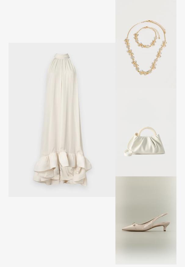Malina SABRINA HALTERNECK RUFFLED - Galajurk - white; Beige lakleren slingback schoen met spitse neus, kleine kittenhak en decoratief riemdetail aan de voorkant.; Kleine witte handtas met een gerimpeld lichaam, ronde handgreep versierd met parels en een afneembare schouderriem tegen een effen achtergrond.; Goudkleurige ketting- en armbandsset met heldere kristallen bloemen- en bladontwerpen, beide met verstelbare kettingsluitingen op een witte achtergrond.