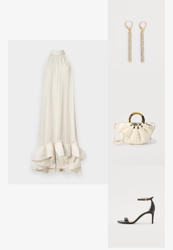 Malina SABRINA HALTERNECK RUFFLED - Galajurk - white; Zwarte leren hoge hak sandaal met enkelbandje. Heeft een gladde textuur, open teen en een dunne hak. Gouden gesp detail.; Crèmekleurige handtas met geplooide leren body, ronde handgrepen van schildpadmotief en goudkleurige ronde ringen, en een verstelbare schouderriem.; Gouden oorbellen met lange, slanke stangen versierd met kleine heldere rhinestones. Met een veersluiting aan de bovenkant voor een veilige draagervaring.
