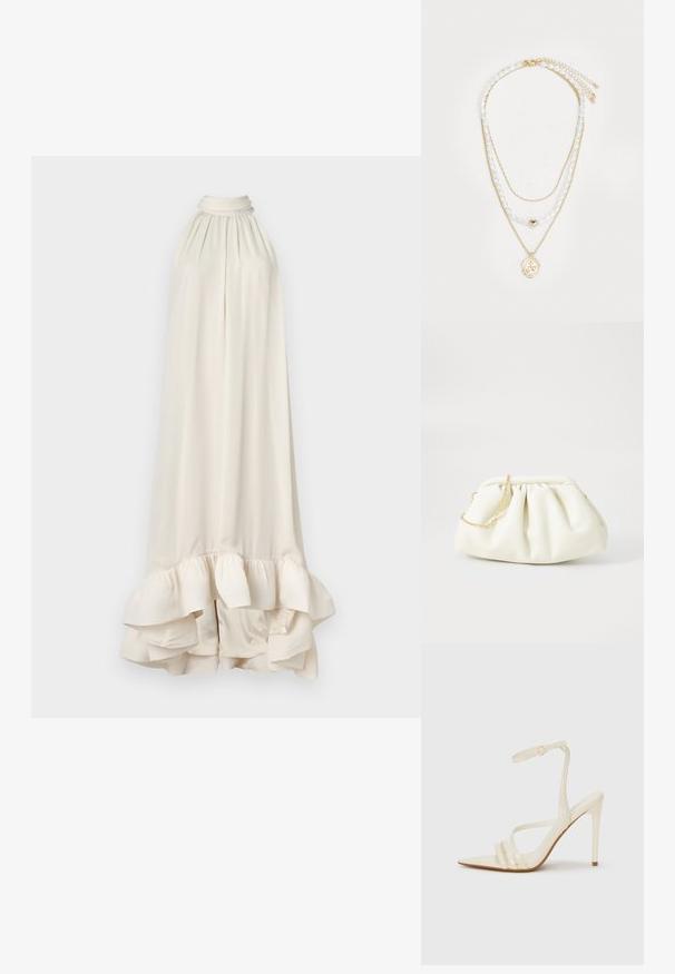 Malina SABRINA HALTERNECK RUFFLED - Gallakjole - white; Beige sandaler med høje hæle og spids tå, med tre stropper foran og en tynd ankelrem med spænde. Glat tekstur, minimalistisk design.; Hvid læderhåndtaske med en samlede design, forsynet med en guldkæde-strop og en rund form. Glat tekstur med bløde folder og ingen mønstre.; Guld flerlagers halskæde med hvide perler, en rund guldakcent og en guldvedhæng med et præget design.
