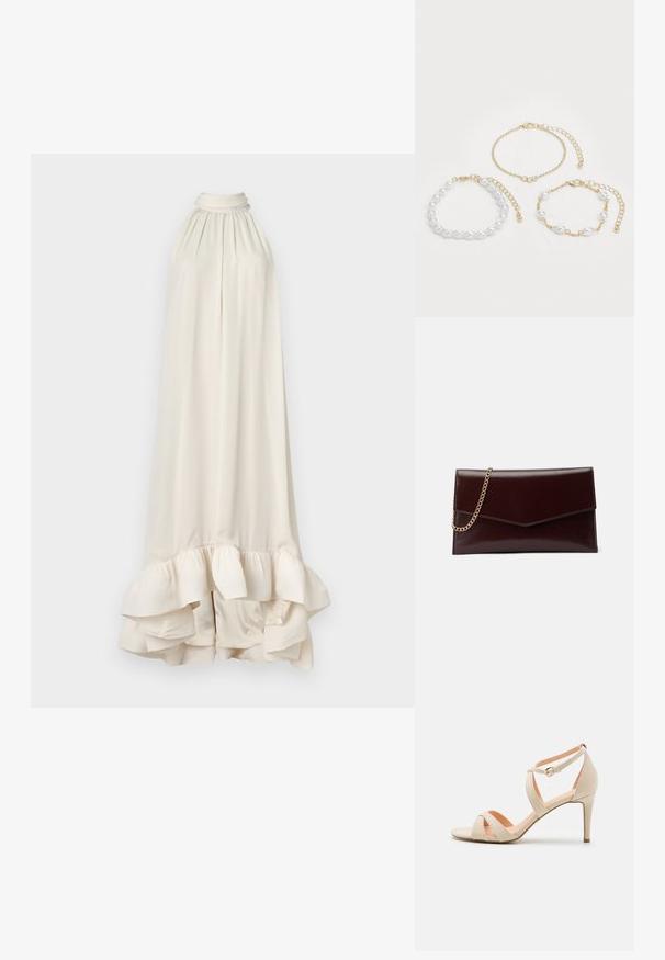 Malina SABRINA HALTERNECK RUFFLED - Gallakjole - white; Beige ruskinds høje hæle sandaler med åben tå, krydset stropdesign og ankelrem med en guldfarvet spænde.; Læder clutch i mørk burgundy med en kuvertdesign. Har en guldkædebærer, glat overflade og en spids flaplukning.; Tre armbånd: et med hvide perler, et guld kæde med krystal detaljer, og et med blandede guld og perle forbindelser. Guldtonerne dominerer.