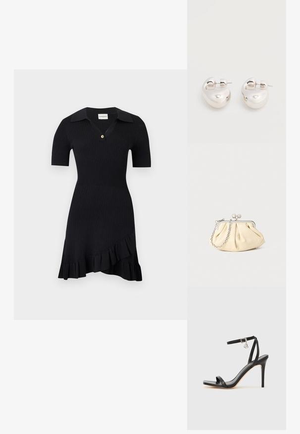 Robe noire côtelée à manches courtes avec col, patte de boutonnage simple, taille cintrée et ourlet asymétrique à volants.; Sandale à talon haut noire avec une bride étroite à la cheville, bout carré, cuir lisse et accent de boucle métallique.; Pochette en cuir beige plissé avec un cadre en métal argenté, dotée de deux fermoirs ronds décoratifs et d'une chaîne en argent.; Paire de boucles d'oreilles argentées brillantes et épaisses avec fermoirs à tige, sur fond blanc uni.