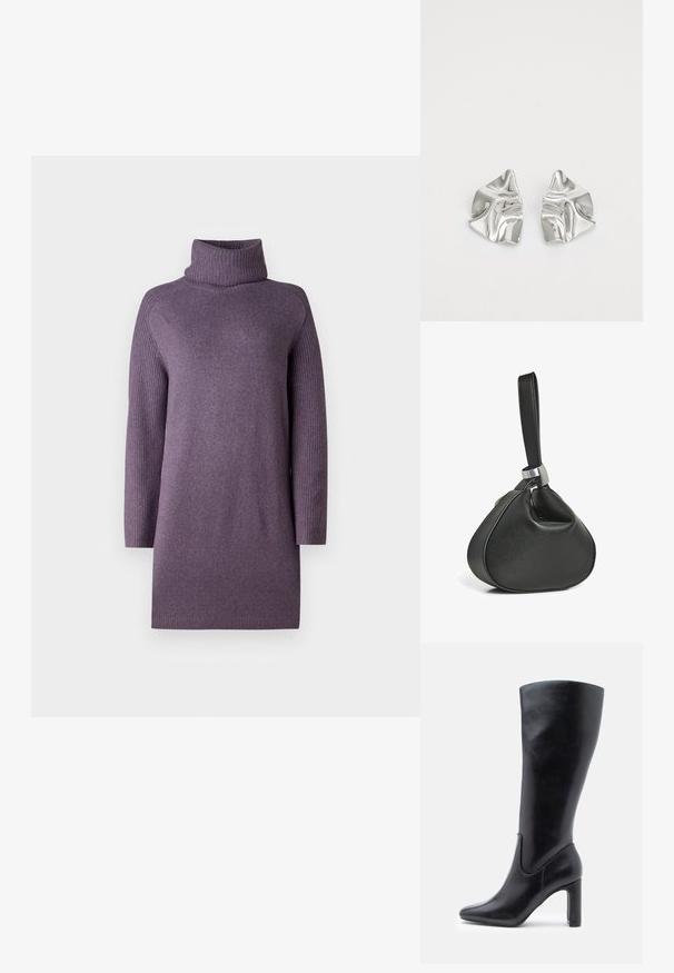 Pull à col roulé violet avec manches longues côtelées et texture douce. Coupe droite, détails minimalistes, et épaisseur moyenne.; Bottes en cuir noir hauteur genou au design épuré, à bout pointu et talon bloc de 10 cm, avec des détails de couture subtils.; Sac bracelet en cuir noir avec une forme triangulaire douce et une large sangle attachée par une boucle en métal argenté.; Boucles d'oreilles en métal argenté avec un design ondulé et sculptural, présentant une finition polie et des formes irrégulières, mettant en valeur une esthétique contemporaine.