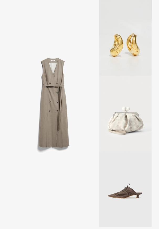 Robe midi beige sans manches avec col en V, boutons double boutonnage et ceinture assortie en tissu nouée à la taille.; Mule en cuir marron avec un bout pointu, texture froncée, petit talon et un accent de cordon de serrage à l'ouverture. Fini lisse.; Petit sac pochette beige avec tissu texturé à pois, cadre argenté, fermoir rond blanc et bracelet de poignet amovible sur fond uni.; Boucles d'oreilles en or en forme de d'anneaux lisses et courbés avec une finition polie. Équipées d'un mécanisme de fermeture et de légères indentations pour le détail.
