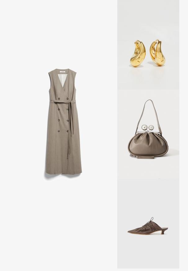 Robe midi beige sans manches avec col en V, boutons double boutonnage et ceinture assortie en tissu nouée à la taille.; Mule en cuir marron avec un bout pointu, texture froncée, petit talon et un accent de cordon de serrage à l'ouverture. Fini lisse.; Sac à main en cuir gris de forme arrondie, fermeture supérieure avec deux grandes sphères argentées, et une seule anse.; Boucles d'oreilles en or en forme de d'anneaux lisses et courbés avec une finition polie. Équipées d'un mécanisme de fermeture et de légères indentations pour le détail.