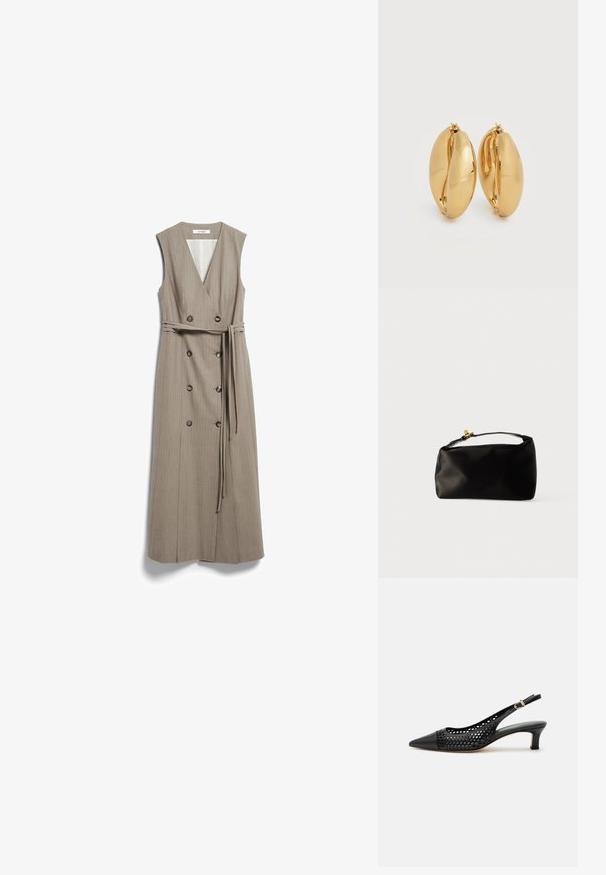Sleeveless beige midi dress with V-neck, double-breasted buttons, and a matching fabric belt tied at the waist.; Black slingback kitten heel with pointed toe and perforated design, featuring a small gold buckle strap.; Black satin pouch bag with a rounded shape, a top handle, and a gold accent clasp. Smooth texture with a minimalist design.; Pair of polished gold-tone thick hoop earrings with a slightly oval, chunky design and hinge clasps on a white background.