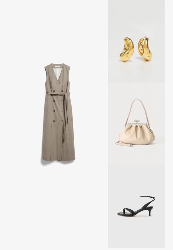 Robe midi beige sans manches avec col en V, boutons double boutonnage et ceinture assortie en tissu nouée à la taille.; Sandale pour femme en cuir noir avec fines lanières, une boucle d'orteil, une boucle à la cheville et un talon aiguille de hauteur moyenne sur un fond neutre.; Sac à main en cuir souple beige avec un fermoir en métal argenté, une bandoulière simple et une bandoulière chaîne optionnelle sur fond blanc.; Boucles d'oreilles en or en forme de d'anneaux lisses et courbés avec une finition polie. Équipées d'un mécanisme de fermeture et de légères indentations pour le détail.