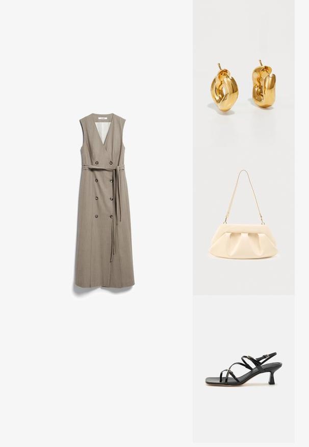 Robe midi beige sans manches avec col en V, boutons double boutonnage et ceinture assortie en tissu nouée à la taille.; Sandales à strapes en cuir verni noir avec un bout carré et un petit talon carré. Présente des accessoires en métal doré et des brides de cheville réglables.; Sac à main en cuir couleur crème avec des plis froncés, des ferrures dorées, et une seule bandoulière fine sur un fond uni.; Boucles d'oreilles créoles en or massif avec un design tubulaire légèrement tordu et des fermoirs à tige sur un fond blanc.