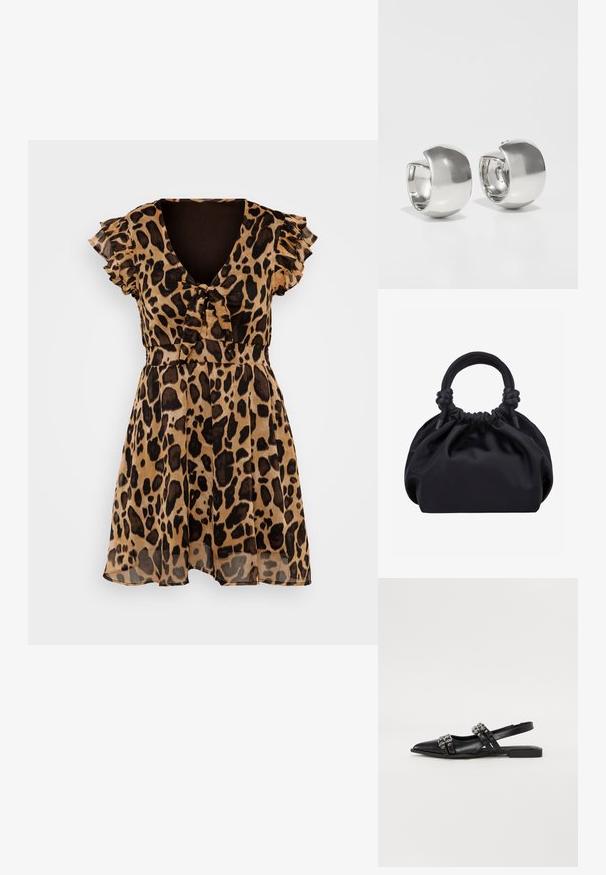 Vestido con estampado de leopardo en tejido ligero y transparente. Escote en V, cortas mangas con volantes, cintura ceñida y falda fluida. Colores marrón y negro.; Even&Odd by Zalando Bailarinas con tira trasera - black; Bolso de mano de tela negra suave con parte superior fruncida y asas acolchadas circulares atadas con nudos a cada lado.; Uncommon Matters SCULPTURAL LARGE CREOLE - Pendientes - silver-coloured