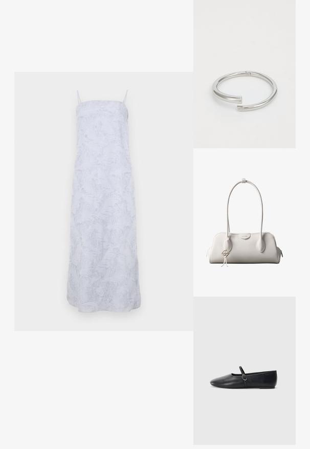 Robe maxi blanche avec des fines bretelles, en matière douce et texturée, et présentant un motif en relief subtil sur l'ensemble. Silhouette simple et droite.; Ballerines noires en cuir avec un bout pointu, une semelle plate et une petite sangle avec un détail de boucle en argent.; Sac à bandoulière blanc Calvin Klein avec longues poignées, forme rectangulaire, fermeture éclair et charm logo décoratif suspendu près de la poignée.; Calvin Klein SPIRAL - Bracelet - silver-coloured