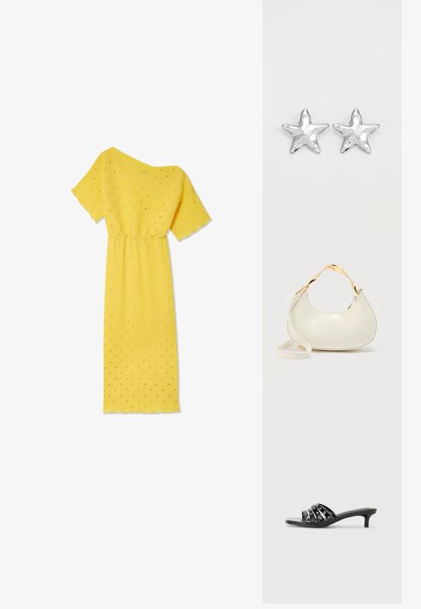 Robe jaune à manches courtes, texture côtelée et taille froncée. Présente des pois dorés et un encolure asymétrique.; Sandales à talons noires avec plusieurs brides brillantes et des accents métalliques, présentant un bout pointu et des talons kitten discrets. Texture lisse.; Sac à main crème en forme de croissant avec poignée courte brillante dorée et bandoulière longue assortie sur un fond clair uni.; Boucles d'oreilles argentées en forme d'étoile, avec une surface lisse et brillante. Chaque boucle d'oreille possède cinq pointes et des détails subtils de texture de surface.