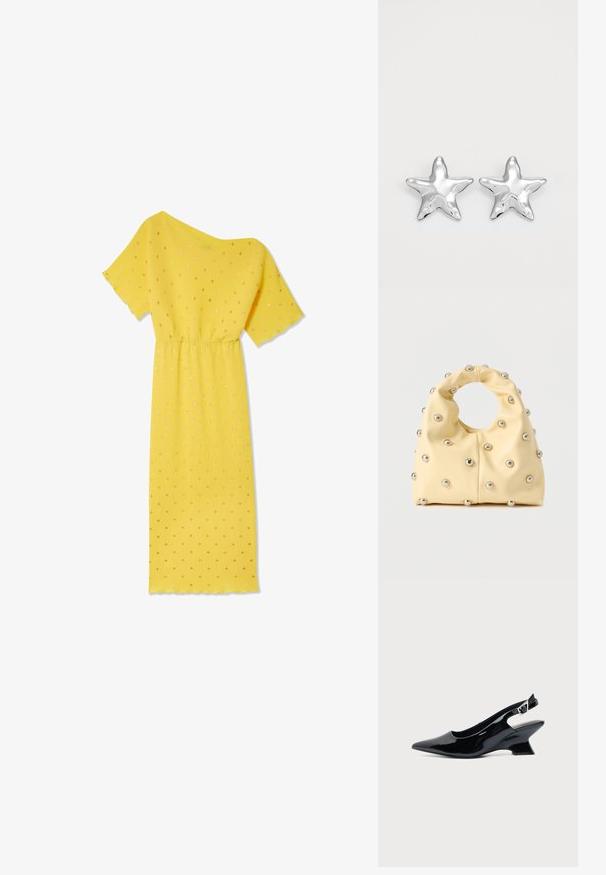 Geel jurkje met korte mouwen, geribbeld textuur en een gathered taille. Bevat gouden stippen en een asymmetrische halslijn.; Zwarte lakleren slingback schoen met spitse neus en lage schuine blokhak op een effen lichte achtergrond.; Zachte gele handtas met een ronde handgreep, versierd met gelijkmatig geplaatste kleine zilveren metalen studs op een glad oppervlak.; Zilveren stervormige oorbellen met een gepolijste, glanzende afwerking. Elke oorbel heeft vijf punten en subtiele textuurdetails op het oppervlak.