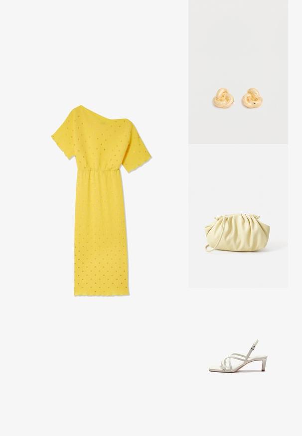 Geel jurkje met korte mouwen, geribbeld textuur en een gathered taille. Bevat gouden stippen en een asymmetrische halslijn.; Zign by Zalando Klassieke pumps - off white; Geel geplooide handtas van soepel nepleer, met een zachte vorm, een enkele schouderriem en een verzameld ontwerp aan de bovenkant.; Een paar glanzende oorstekers in goudkleur, gevormd als knopen, tegen een effen witte achtergrond.