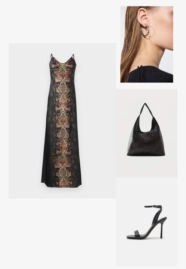 Zwarte slipdress met een slangenhuidpatroon in aardetinten en metallic accenten, met dunne verstelbare bandjes en een gladde textuur.; Zwarte hoge hakken sandaal met een slanke enkelband en twee voorste banden. Gemaakt van soepel leer met een slanke puntneus en een stiletteloze hak.; Zwarte schoudertas van glad leer met een brede, enkele band en een nonchalant, minimalistisch ontwerp tegen een effen achtergrond.; Zilveren oorbel met een gepolijste afwerking, met kleine gouden accentdetails en een ronde vorm, gedragen op de oorlel.