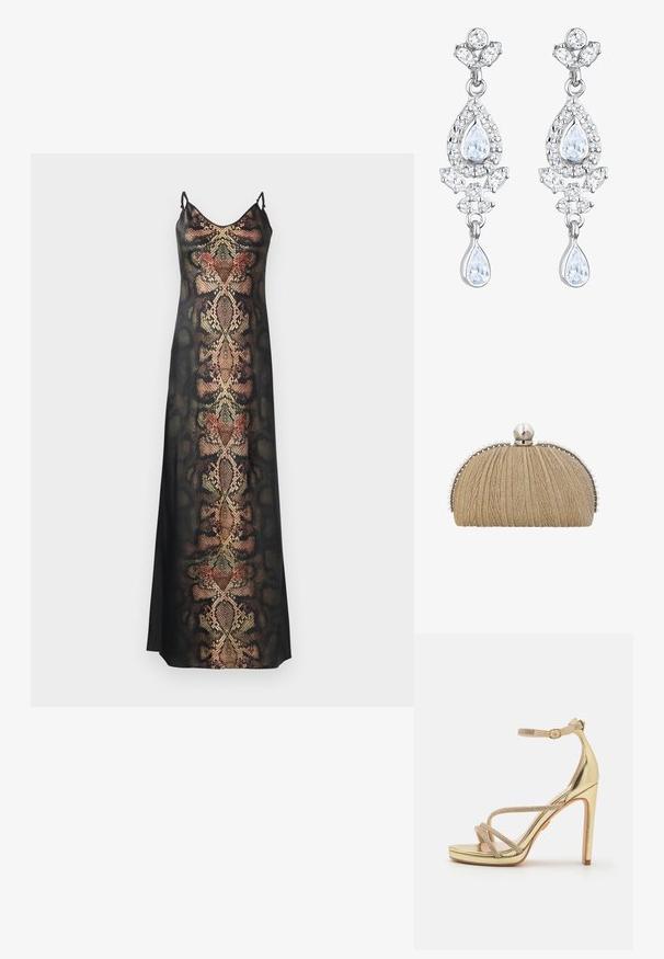 Sort slipdress med slangeskinds mønster i jordfarver og metalliske detaljer, med tynde justerbare stropper og en glat tekstur.; Buffalo PEPPER GLAM - Plateausandaler - gold; Clutchpung i gyldent stof med plisseret tekstur, sølvramme og stor perleknap med mindre perler langs kanterne.; Elli ANTIQUE DROP - Øreringe - weiß