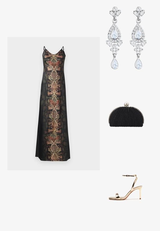 Sort slipdress med slangeskinds mønster i jordfarver og metalliske detaljer, med tynde justerbare stropper og en glat tekstur.; Guldsandaler med høje hæle, ankelrem, åben tå, tynd stiletthæl og en lille spænde lukning på en hvid baggrund.; Sort aftenclutch med tekstureret stof, indrammet af en række små perler og en stor perle-lukning på toppen.; Elli ANTIQUE DROP - Øreringe - weiß