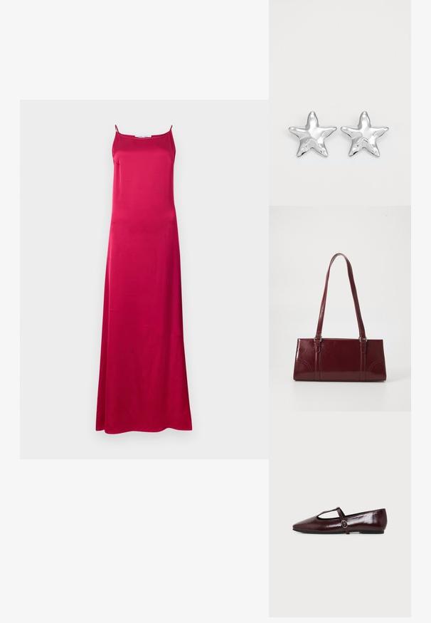 Robe longue sans manches en satin rose foncé, avec de fines bretelles et un décolleté droit, présentée sur un fond gris clair uni.; Chaussure plate en cuir bordeaux foncé avec un bout pointu et une fine bride en T avec une boucle argentée sur fond blanc.; Sac à main bordeaux en matériau brillant, de forme rectangulaire, avec deux anses et des accents légèrement courbés à l'avant.; Boucles d'oreilles argentées en forme d'étoile, avec une surface lisse et brillante. Chaque boucle d'oreille possède cinq pointes et des détails subtils de texture de surface.