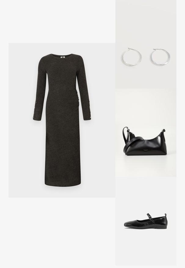Robe à manches longues, gris foncé, en côtes avec une silhouette ajustée et des fronces sur les côtés. Présente des accents de boutons sur les poignets et une texture douce.; Chaussure plate en cuir verni noir avec un bout pointu, une sangle de cheville avec boucles, et une texture lisse et brillante. Talon bas pour le confort.; Sac à main en cuir noir avec une texture lisse. Dispose d'une bandoulière adjustable et d'un design élégant et minimaliste avec une fermeture éclair.; Boucles d’oreilles créoles en métal argenté avec une surface lisse légèrement incurvée et des fermoirs à clapet sur un fond blanc uni.