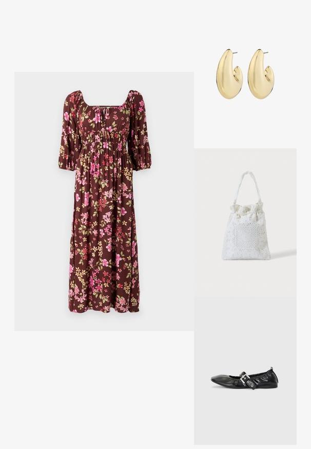 Brun blomster maxi kjole med puffærmer, firkantet udskæring og rynket bodice med pink og gule blomstermønstre. Blødt stof.; Sorte læder flade sko med spids tå, samling detaljer omkring åbningen, og en sølv spænde accent på den justerbare rem.; Hvid stofnet med blomstret blonderbroderi og samlet øvre håndtag, vist mod en ensfarvet lys baggrund.; Guldfarvede øreringe med en glat, rund form og en poleret finish samt en stiftbagside for sikker bæring.