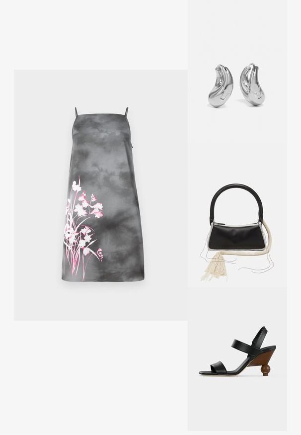Robe A-line en satin dégradé gris avec bretelles spaghetti réglables. Présente un design floral rose sur le côté gauche. Texture lisse.; Sandale noire en cuir à bout ouvert avec deux brides et un talon compensé en bois avec une base ronde en forme de boule.; Sac en cuir noir avec une poignée arrondie, fermeture éclair en argent, bordure en fourrure blanche et un long gland crème attaché à l'avant.; Boucles d'oreilles en argent en forme de créoles avec une finition incurvée et brillante, et un design sans couture. Équipées d'une fermeture à charnière pour un port sécurisé.