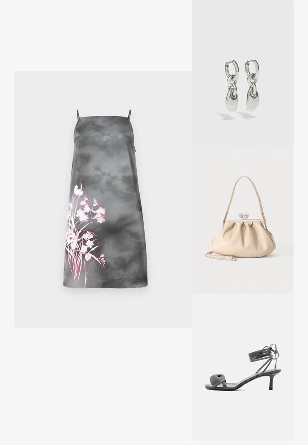 Robe A-line en satin dégradé gris avec bretelles spaghetti réglables. Présente un design floral rose sur le côté gauche. Texture lisse.; Sandale à talon en cuir gris avec une bride nouée sur les orteils et des lacets enroulants autour de la cheville, sur un talon moyen et fin, sur fond blanc.; Sac à main en cuir souple beige avec un fermoir en métal argenté, une bandoulière simple et une bandoulière chaîne optionnelle sur fond blanc.; Boucles d'oreilles en argent avec des maillons ovales allongés, présentant une finition polie et un pendentif tombant texturé. Design simple avec des bords lisses.