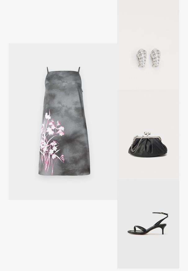 Robe A-line en satin dégradé gris avec bretelles spaghetti réglables. Présente un design floral rose sur le côté gauche. Texture lisse.; Sandale pour femme en cuir noir avec fines lanières, une boucle d'orteil, une boucle à la cheville et un talon aiguille de hauteur moyenne sur un fond neutre.; Porte-monnaie en cuir noir avec texture froncée, cadre en métal argenté, fermeture à verrouillage kiss-lock et bandoulière en chaîne. Surface lisse et douce.; Boucles d'oreilles en clip argentées avec un design en spirale, présentant une texture métallique lisse et des formes arrondies. Pas d'embellissements ou de motifs visibles.