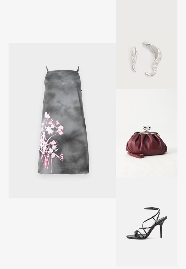 Robe A-line en satin dégradé gris avec bretelles spaghetti réglables. Présente un design floral rose sur le côté gauche. Texture lisse.; Sandale noire à talons hauts avec des brides fines, une boucle à la cheville, une surface en cuir lisse et un talon aiguille élancé.; Petit sac pochette en cuir bordeaux avec fermoir métallique argenté et bracelet sur fond blanc.; Deux boucles d'oreilles argentées courbées, l'une plus grande que l'autre, toutes deux ornées de petits cristaux scintillants le long d'un bord.