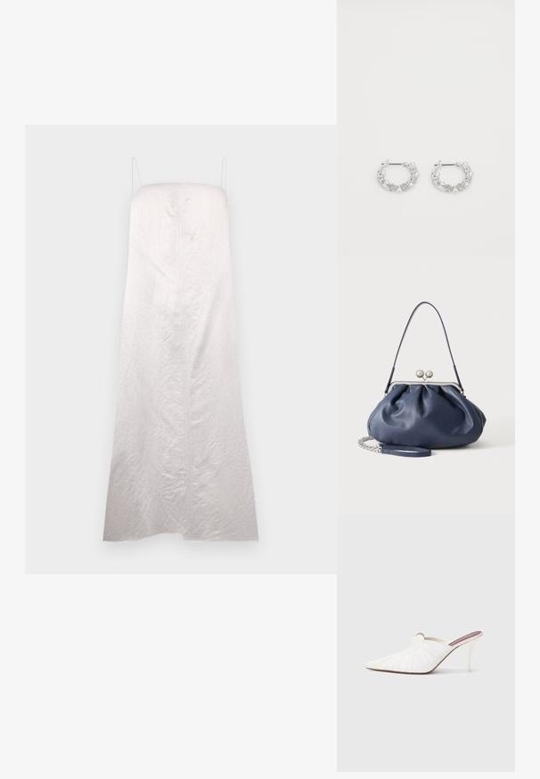 Vestido blanco sin mangas con una silueta recta, hecho de una tela ligeramente texturada, con una costura central y tirantes mínimos.; Mules blancos con punta afilada, textura plisada en la parte superior y un tacón de aguja delgado. Superficie lisa y diseño minimalista.; Bolso de mano de cuero azul marino suave con cierre de broche plateado, una correa de hombro y correa de cadena desmontable para la muñeca sobre fondo blanco.; Pendientes de aro de plata con acentos de perlas y cristales, con una superficie texturizada y un cierre de poste seguro.