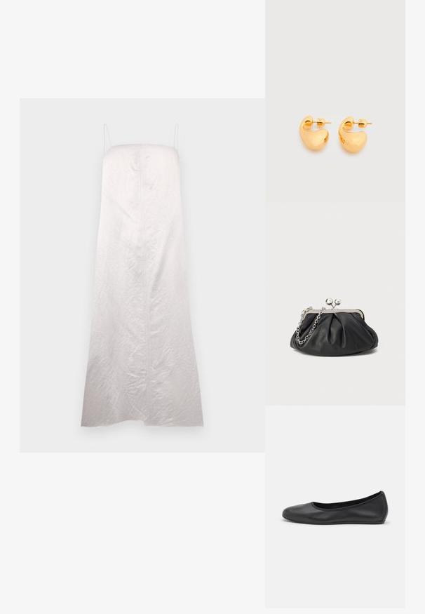Vestido blanco sin mangas con una silueta recta, hecho de una tela ligeramente texturada, con una costura central y tirantes mínimos.; Bailarina de piel negra con punta redondeada, textura suave, detalle de costura minimalista y diseño de suela flexible.; Clutch de cuero negro con textura arrugada, marco de metal en tono plateado, cierre de beso y cadena para colgar. Superficie suave y lisa.; Par de pequeños pendientes de botón de tono dorado, robustos, con formas abstractas suaves y curvas sobre un fondo claro.
