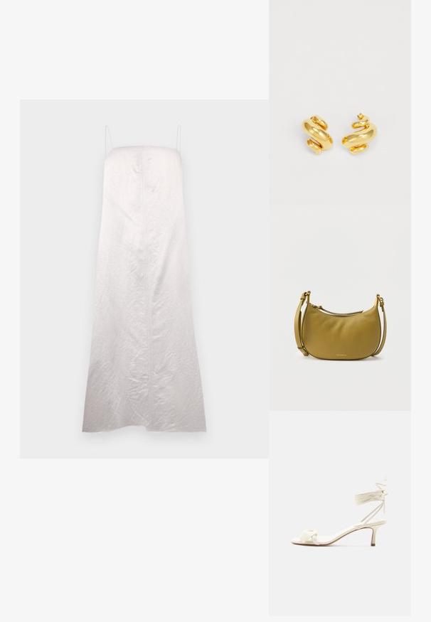 Weißes, ärmelloses Kleid mit gerader Silhouette, aus leicht strukturiertem Stoff gefertigt, mit einer Mittelnaht und minimalen Trägern.; Sandale in Cremefarben mit niedrigem Absatz, Knöchelriemen zum Binden und breitem, verdrehtem Riemen über den Zehen auf weißem Hintergrund.; Olivgrüne, strukturierte Leder-Umhängetasche in Halbmondform mit verstellbarem Riemen und goldenen Beschlägen, kleines goldenes Markenzeichen in der unteren Mitte.; Goldene Spiral-Ohrringe mit einer glatten, polierten Oberfläche, die ein kurviges Design und eine dicke, klobige Form für einen auffälligen Look aufweisen.