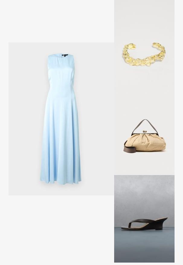 Robe sans manches en satin bleu clair avec un col montant et une jupe longue fluide jusqu'au sol, présentée sur un fond blanc uni.; Sandale compensée noire avec brides en lanières posée sur une planche en bois et un sol en pierre en plein air près de plantes vertes et d'un mur en béton.; Sac en tissu beige avec un design froncé, poignée en cuir marron et deux fermetures métalliques rondes en haut. Sangle marron réglable incluse.; Bracelet en or avec un design texturé composé de formes organiques arrondies et d'accents irréguliers en relief tout au long du bandeau.