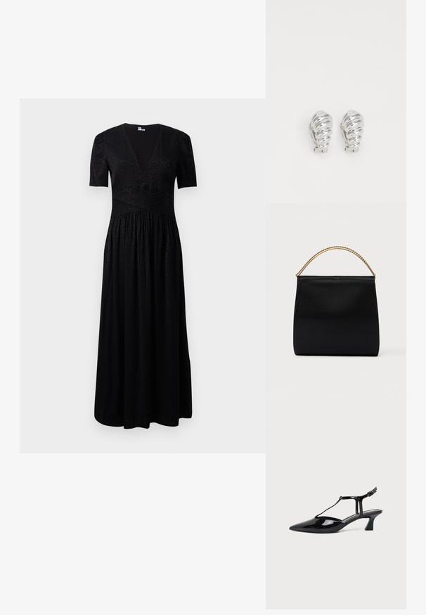 Robe maxi noire avec un décolleté en V profond, des manches courtes, un corsage texturé et une jupe froncée. Fabriquée en tissu léger avec des motifs subtils.; Chaussure slingback en cuir verni noir à bout pointu avec bride en T et petit talon bloc incliné sur fond blanc.; Sac noir en tissu lisse, présentant une forme structurée, une poignée en chaîne dorée et un design géométrique minimaliste.; Boucles d'oreilles en clip argentées avec un design en spirale, présentant une texture métallique lisse et des formes arrondies. Pas d'embellissements ou de motifs visibles.