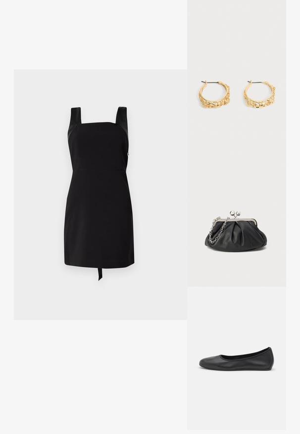 Zwarte jurk met een vierkante halslijn en brede banden. Heeft een aansluitend bovenlijfje en een uitlopende rok met een strikdetail aan de onderrand. Gemaakt van een gladde stof.; Zwarte leren ballerina met een ronde neus, gladde textuur, minimale stikdetails en een flexibele zoolontwerp.; Zwarte leren clutch met geplooide textuur, zilverkleurig metalen frame, drukknopsluiting en kettingriem. Glad, zacht oppervlak.; Set gouden creolen met sierlijke bloem- en bladreliëf op een neutrale achtergrond.