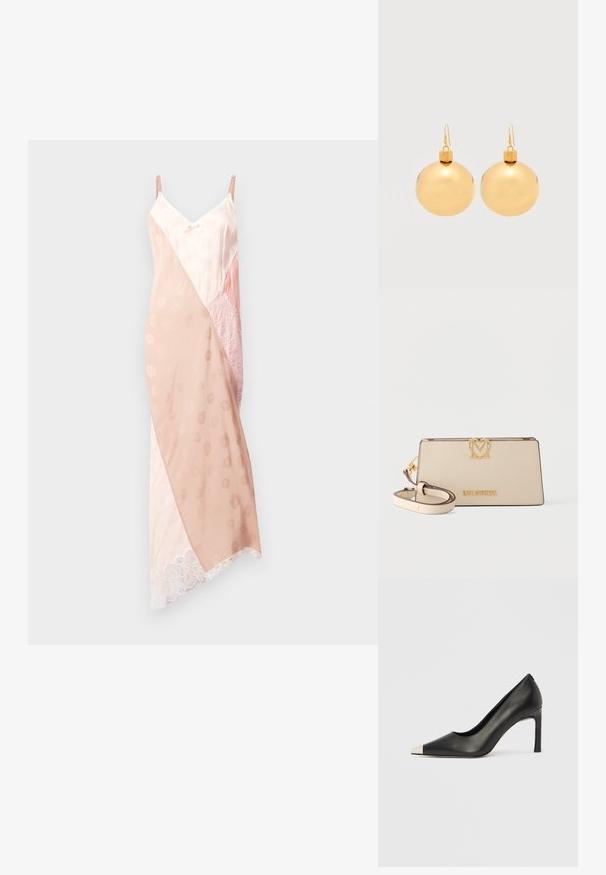 Robe droite en quartz rose avec des bretelles réglables, offrant un mélange de textures satinées lisses et de dentelle, un design de coloris en bloc diagonal et une finition en dentelle.; Chaussure à talon haut en cuir noir avec bout pointu et capuchon argenté métallique. Présente une finition lisse et un talon fin de 10 cm.; Sac bandoulière en cuir beige texturé avec logo doré "Love Moschino" et emblème en forme de cœur, doté d'une sangle réglable et de ferrures dorées.; Paire de boucles d'oreilles boule de Noël dorées brillantes avec fermoirs à crochet sur fond blanc uni.