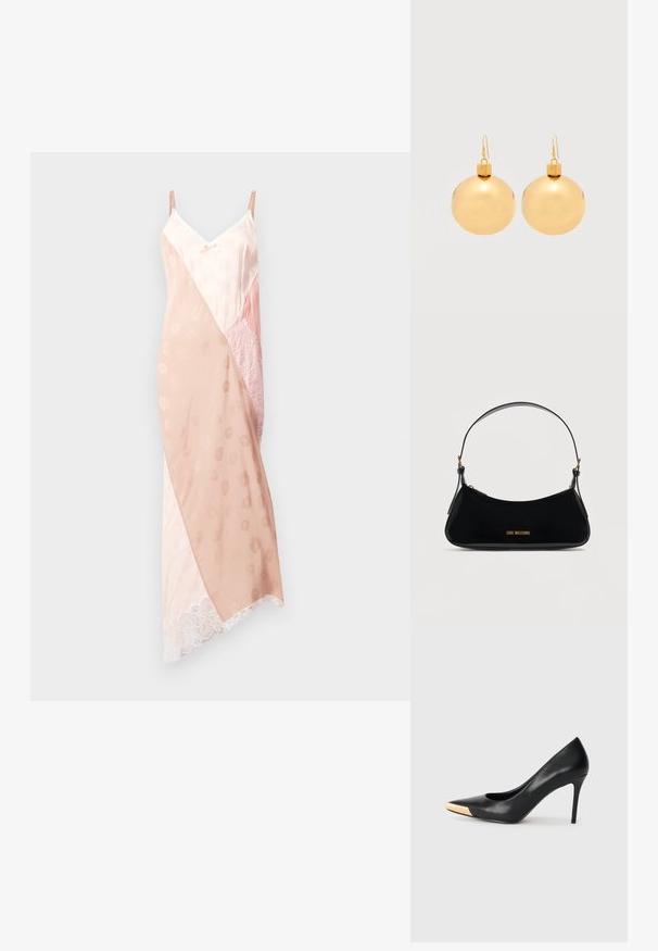 Roze kwarts slipdress met verstelbare bandjes, voorzien van een mix van gladde satijn- en kanttexturen, een diagonaal kleurblokontwerp en kantafwerking.; Zwarte leren hoge hak pump met een spitse neus; heeft een metallic gouden accent op de neuskap. Glad oppervlak met een stijlvolle vormgeving.; Zwarte schoudertas van lakleer met een gebogen vorm, gouden "LOVE MOSCHINO"-logo aan de voorkant en verstelbare band met gouden accessoires.; Een paar glanzende gouden kerstbal-oorbellen met haaksluitingen op een effen witte achtergrond.