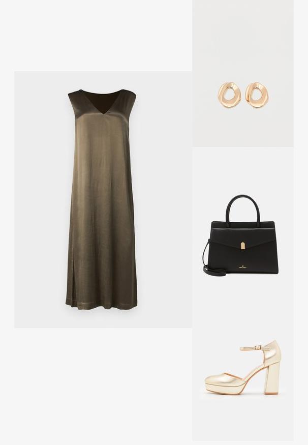 Lang, olijfgroen mouwloos jurk met een V-hals, een gladde textuur en een zijsplit. Gemaakt van een zijdeachtig materiaal. Eenvoudige, rechte silhouet.; Gouden metallic hoge hak schoen met een plateau, ronde neus, enkelbandje en blokhak. Glide textuur en minimale accenten.; Zwarte leren handtas met een gestructureerde vorm, voorzien van een gouden sluiting, dubbele handvatten en een verstelbare schouderriem. Logo aan de voorkant weergegeven.; Set van onregelmatig gevormde, gepolijste hoepel oorbellen van goudkleurig metaal met een open midden op een effen witte achtergrond.