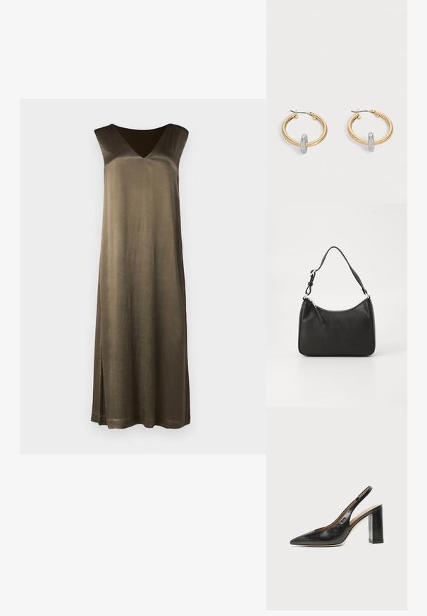 Lang, olijfgroen mouwloos jurk met een V-hals, een gladde textuur en een zijsplit. Gemaakt van een zijdeachtig materiaal. Eenvoudige, rechte silhouet.; Zwarte leren slingback schoen met spits toelopend neusje, hoge blokhak en beige binnenvoering tegen een effen lichte achtergrond.; Zwarte leren handtas met een gebogen vorm, een enkele schouderband, ritsluiting en subtiele branding aan de voorkant. Glad textuur, minimalistisch ontwerp.; Paar goudkleurige creolen met kleine zilverkleurige lusdetail op elk, weergegeven tegen een lichtgrijze achtergrond.