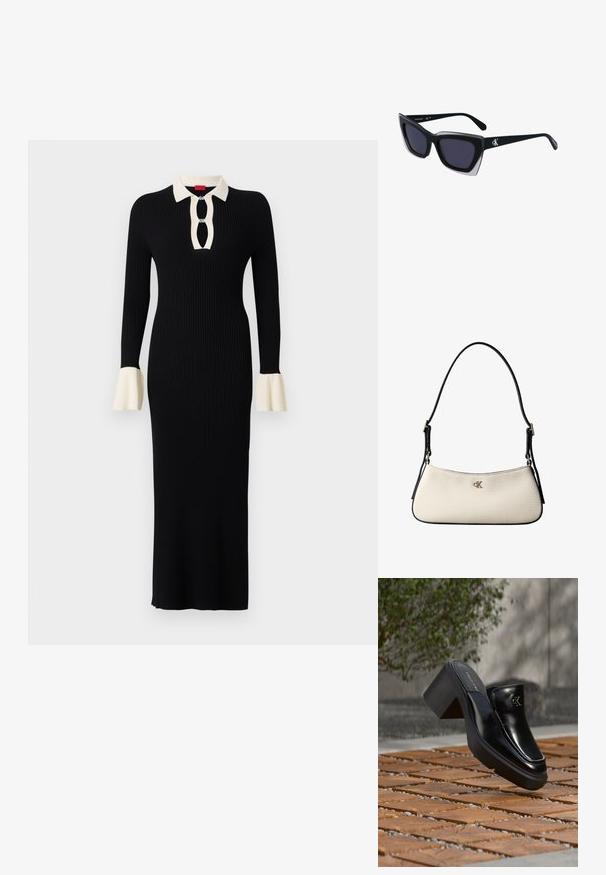 Vestido negro de manga larga con texto acanalado, cuello y puños en crema, que presenta un escote con ojal y acentos de mangas acampanadas.; Mule tipo slip-on de cuero negro de Calvin Klein con tacón de bloque descansando sobre baldosas de madera al aire libre cerca de una planta verde y una pared gris.; Gafas de sol negras de gran tamaño con una forma geométrica, que presentan lentes oscuros y un detalle gris contrastante en la montura. Logo en la pata.; Pequeño bolso de hombro color crema con ribete negro, correa negra ajustable y logo plateado "cK" en el centro frontal.