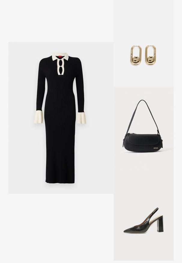 Sort ribbet langærmet kjole med en cremet krave og manchetter, der har en nøglehuludskæring og flagrende ærmekanter.; Sort læder peep-toe slingback sko med høj blokhæl og beige indvendig foring mod en ensfarvet lys baggrund.; Sort skuldertaske i læder med buet klap, guld "HUGO" logo på forsiden og enkelt justerbar strop.; BOSS DOUBLE B SWING - Øreringe - gold-coloured