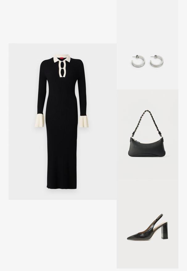 Sort ribbet langærmet kjole med en cremet krave og manchetter, der har en nøglehuludskæring og flagrende ærmekanter.; Sort læder peep-toe slingback sko med høj blokhæl og beige indvendig foring mod en ensfarvet lys baggrund.; Sort skuldertaske i læder med en buet rektangulær form, gyldent kæde vævet ind i en flettet sort rem og toplynlås.; Sølvøreringe i hoop-stil med en glat overflade og en række små klare sten langs den nederste kant, med en post-back lukning.