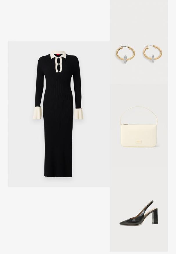 Vestido negro de manga larga con texto acanalado, cuello y puños en crema, que presenta un escote con ojal y acentos de mangas acampanadas.; Zapato slingback de piel negra con puntera puntiaguda, tacón alto y ancho, y forro interior beige sobre un fondo claro y liso.; Bolso rectangular color crema con una sola correa y cremallera superior, con una pequeña placa de logotipo en relieve en el frente.; Par de pendientes de aro en tono dorado con pequeño detalle de aro en tono plateado en cada uno, expuestos sobre un fondo gris claro.