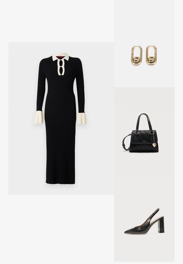 Vestido negro de manga larga con texto acanalado, cuello y puños en crema, que presenta un escote con ojal y acentos de mangas acampanadas.; Zapato slingback de piel negra con puntera puntiaguda, tacón alto y ancho, y forro interior beige sobre un fondo claro y liso.; Bolso de cuero negro texturizado con asas dobles, anillas doradas, placa con el logo de Hugo, correa de hombro ajustable y charm dorado en forma de corazón.; BOSS DOUBLE B SWING - Pendientes - gold-coloured