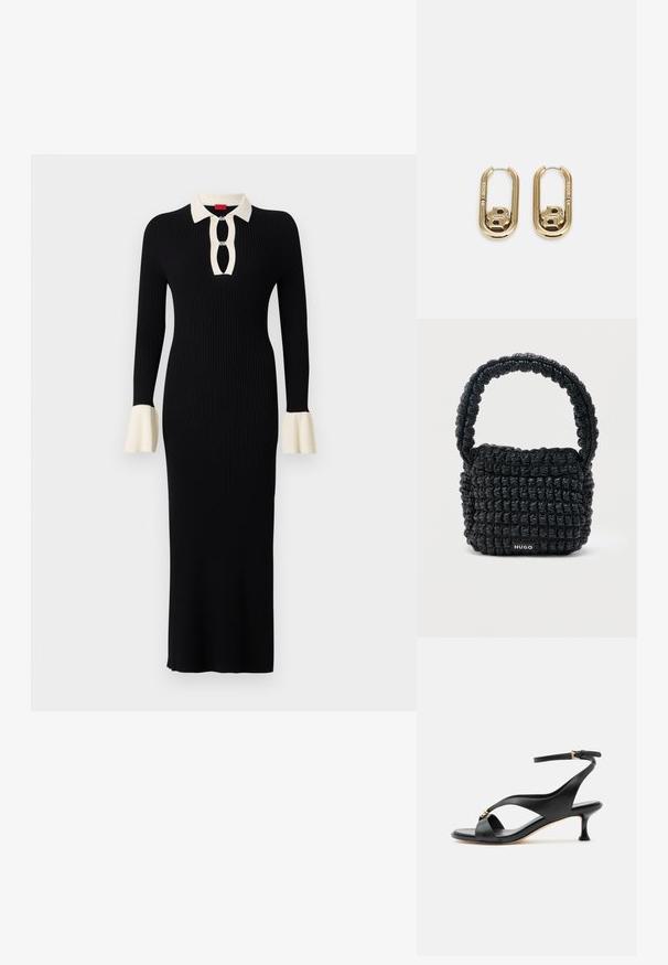 Vestido negro de manga larga con texto acanalado, cuello y puños en crema, que presenta un escote con ojal y acentos de mangas acampanadas.; Sandalia negra de cuero para mujer con tacón bajo curvado, tiras cruzadas y correa ajustable en el tobillo con pequeña hebilla dorada.; Bolso pequeño negro acolchado con asa corta acolchada y etiqueta "HUGO" en el frente, exhibido sobre un fondo claro y liso.; BOSS DOUBLE B SWING - Pendientes - gold-coloured