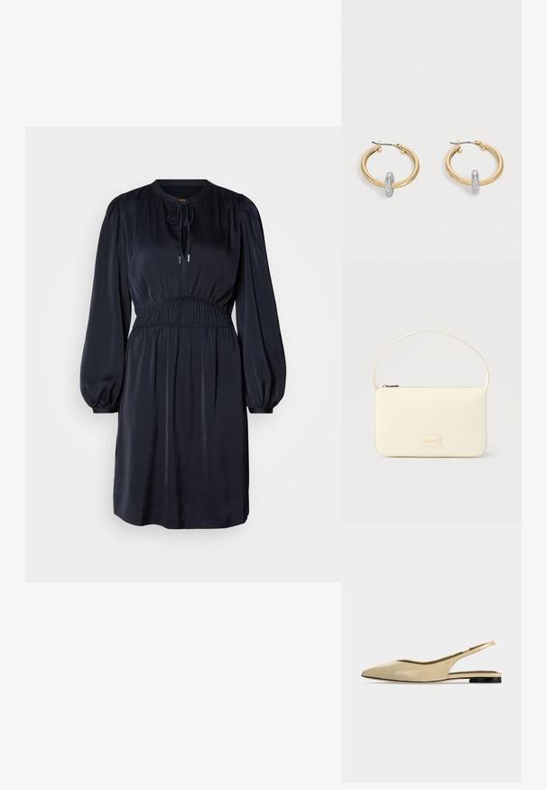 Navyblaues, langärmliges Kleid mit geraffter Taille, rundem Ausschnitt und Kordelzug. Hergestellt aus glattem, leichtem Stoff.; Beiger Slingback-Ballerina mit spitzer Kappe, niedrigem schwarzem Absatz und glattem Lederfinish, seitlich auf einfarbigem Hintergrund gezeigt.; Rechteckige Handtasche in Cremefarbe mit einem einzelnen Trageriemen und Reißverschluss oben, ausgestattet mit einer kleinen, geprägten Logoplakette vorne.; Paar goldfarbene Creolen mit kleinem silberfarbenem Schlaufen-Detail an jeder, vor hellem grauem Hintergrund präsentiert.