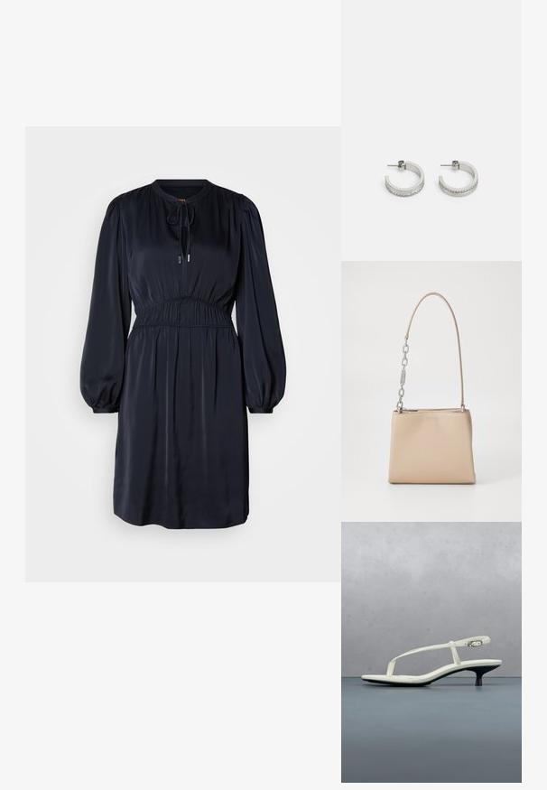 Vestido de manga larga en azul marino con cintura fruncida, escote redondo y lazo ajustable. Hecho de una tela suave y ligera.; Sandalia blanca de tacón kitten con tiras y punta afilada, flotando sobre un suelo de baldosas de madera al aire libre, con un fondo desenfocado de plantas y pared.; Bolso de mano de piel beige con una textura suave, con un acento de cadena plateada en el asa y un cierre de cremallera. "HUGO" grabado en la parte frontal.; Pendientes de aro plateados con una superficie lisa y una fila de pequeñas piedras transparentes a lo largo del borde inferior, con cierre de perno.